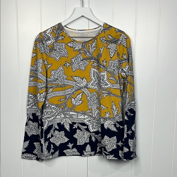 Talbots Womens Tee M Navy Gold Pullover Crew Neck Floral Print Classy Elegaant - Picture 1 of 10